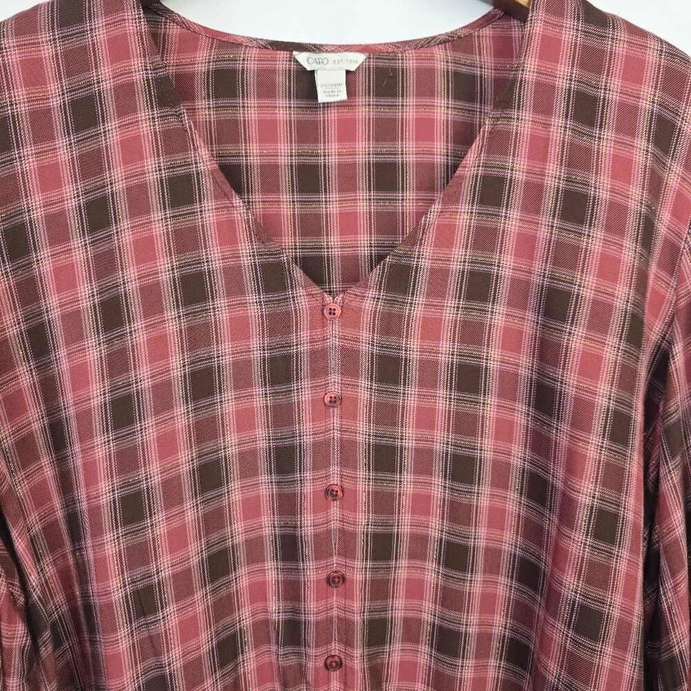 Cato Plaid Peasant Blouse 22/24W Ruffle Sleeve Pink - Picture 6 of 10